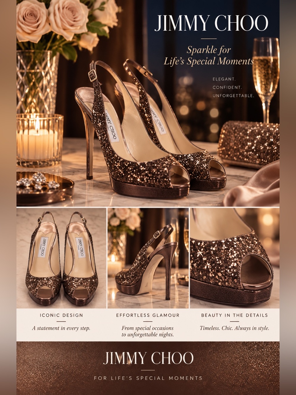 JIMMY CHOO Chocolate Glitter Peep Toe Slingback Heels
